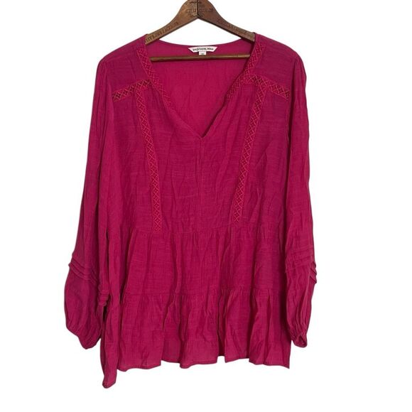 Zac & Rachel V-Neck Embroidered Tiered Long Sleeve Boho Blouse Pink Size 2X - Picture 1 of 9